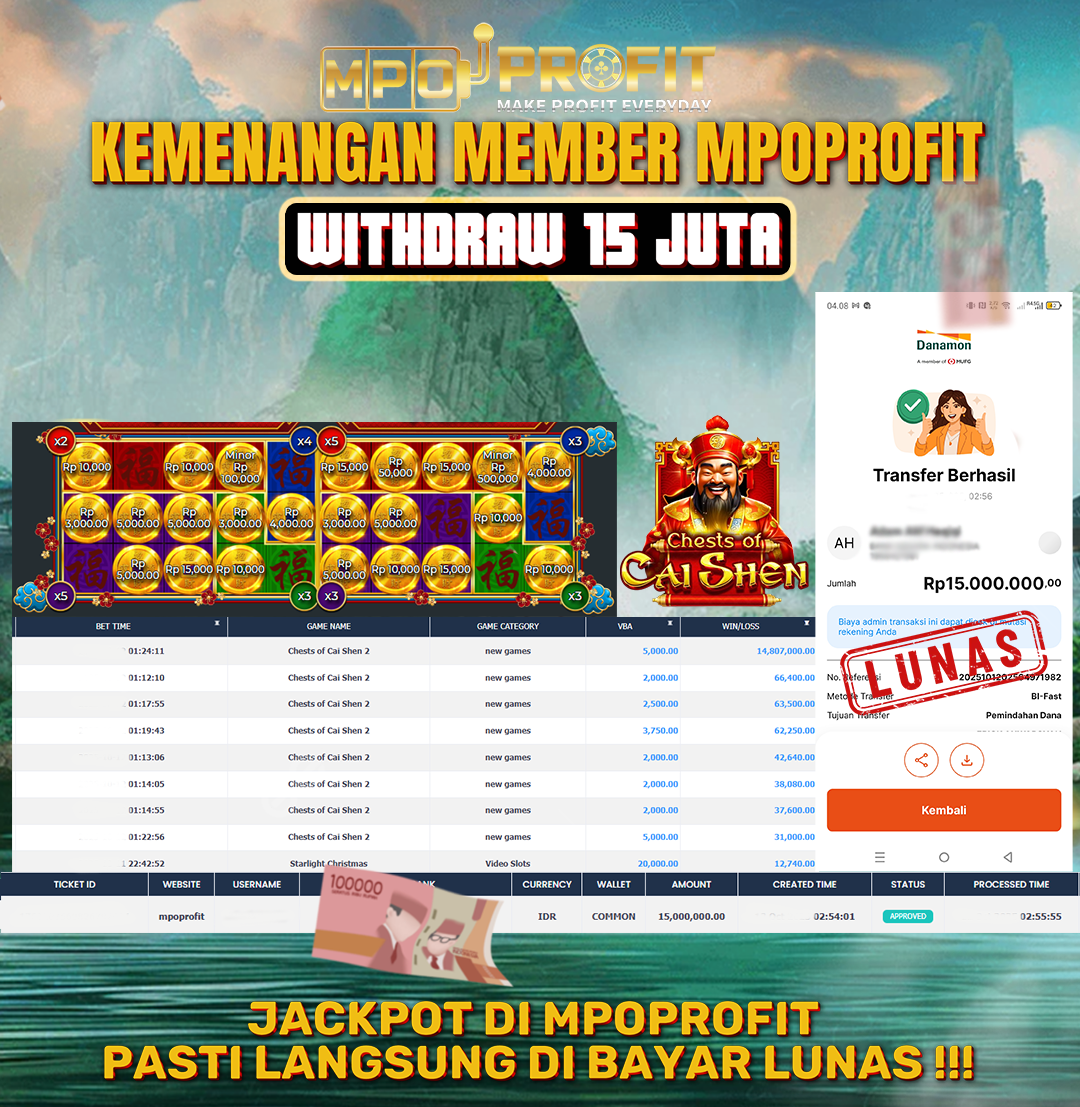 MPOPROFIT JACKPOT SLOT PRAGMATIC PLAY! KEMENANGAN MURNI DI (CHESTS OF CAI SHEN TOTAL RP. 15.000.0000,- LUNAS)