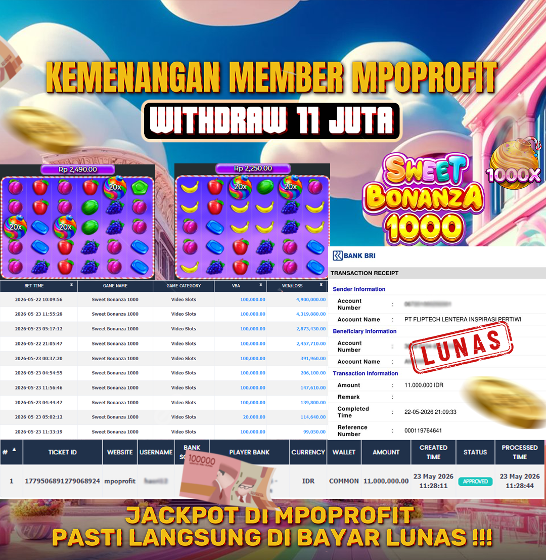 MPOPROFIT JACKPOT SLOT PRAGMATIC PLAY! KEMENANGAN MURNI DI (SWEET BONANZA 1000 TOTAL RP. 11.000.0000,- LUNAS)