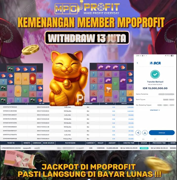 MPOPROFIT JACKPOT SLOT PGSOFT! KEMENANGAN MURNI DI (LUCKY NEKO TOTAL RP 13.000.000,- LUNAS)